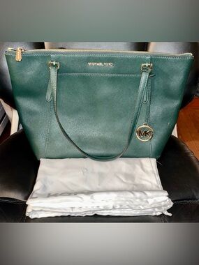 Michael Kors Dark Green Saffiano Leather Tote with Gold Hardware
